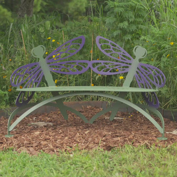 video of statement piece dragonfly bench purple and green outdoor metal dragonfly bench purple and green finish sculptural garden seating artistic steel bench