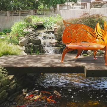 video of koi bench by waterfall metal koi fish bench outdoor garden seating near cascading water handcrafted sculptural bench