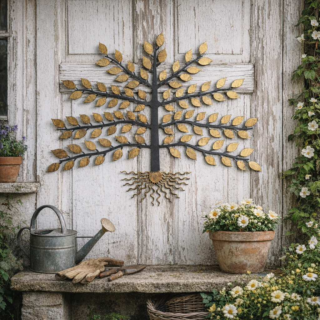 wall hanging plant decor Tree of Life Wall Hanging - Indoor/Outdoor Metal Art Decor - Steel, Gold