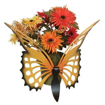 yellow monarch metal butterfly plant holder with red flowers