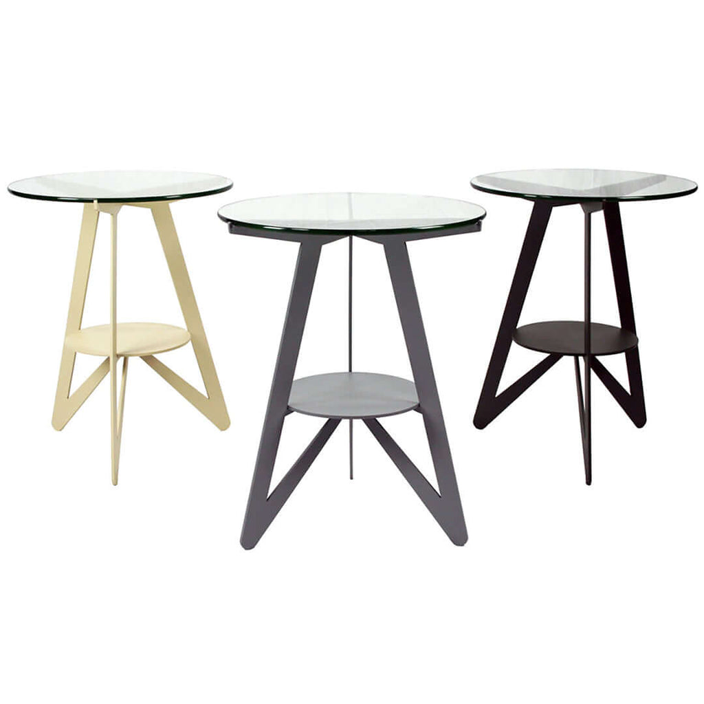 three metal acute angles side tables